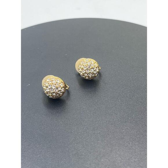 Swarovski Signed Swan Domed Button 18k Gold Plated Crystal Pave Clip On Earrings - Picture 15 of 15
